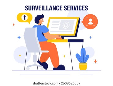 Surveillance Services Vector Illustration Featuring Various Technologies Used to Monitor and Supervise Activities in a Specific Area in a Background