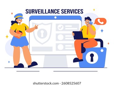 Surveillance Services Vector Illustration Featuring Various Technologies Used to Monitor and Supervise Activities in a Specific Area in a Background