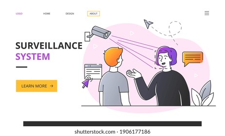 Abstraktes Überwachungssystem-Konzept. Rahmenartiges, minimales Cartoon, Vektorgrafik mit fiktiven weiblichen und männlichen Zeichen. Website, Webseite, Landing Page Template oder Layout