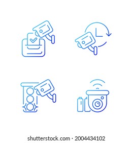 Surveillance system gradient linear vector icons set. Electoral fraud prevention. 24 hour monitoring. Roadway camera. Thin line contour symbols bundle. Isolated vector outline illustrations collection