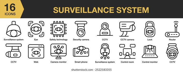 Surveillance System icon set. Includes camera monitor, cctv, control, router, safety technology, surveillance system, and More. Outline icons vector collection.