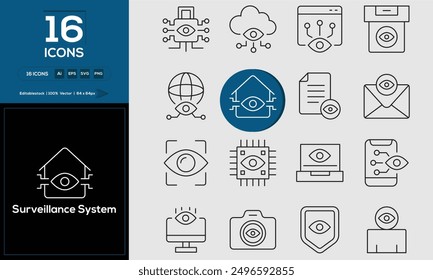 Surveillance System set of outline icons related to analysis, infographic, analytics. Editable stroke. Vector illustration. 