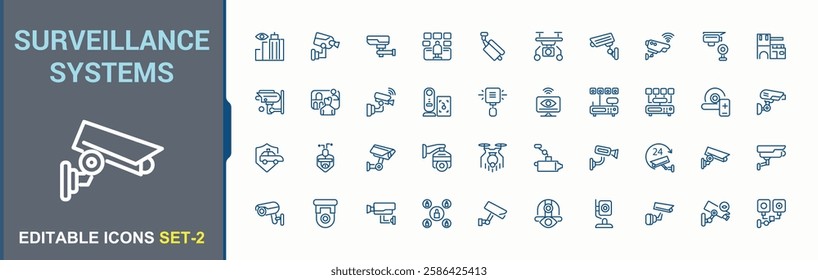 Surveillance Systems modern icons set. Includes thin line unlock, lock, safe, key, protect, security, safety, smart, digital, check, guard. Minimalistic icons. Editable vector icon and illustration.