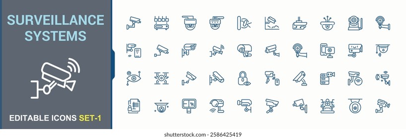 Surveillance Systems modern icons set. Includes thin line unlock, lock, safe, key, protect, security, safety, smart, digital, check, guard. Minimalistic icons. Editable vector icon and illustration.