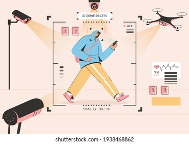 Surveillance technology concept. Face recognition of man walking street. Cctv cameras, drones, monitoring system scanning, identify and collect personal information. Vector character illustration