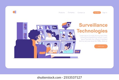 Surveillance Technology concept. Operators monitor screens for security and control. Digital surveillance, privacy issues, advanced monitoring systems. Vector illustration.