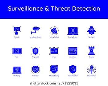 Surveillance Threat Detection – Enhancing Security Through Monitoring and Intelligence icons with editable stroke.