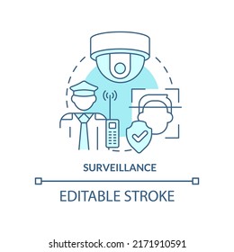 Surveillance Turquoise Concept Icon. Physical Security Framework Form Abstract Idea Thin Line Illustration. Recognition. Isolated Outline Drawing. Editable Stroke. Arial, Myriad Pro-Bold Fonts Used