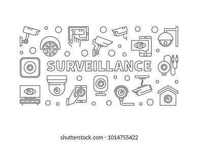 Surveillance vector horizontal illustration. Video security concept banner in thin line style on white background
