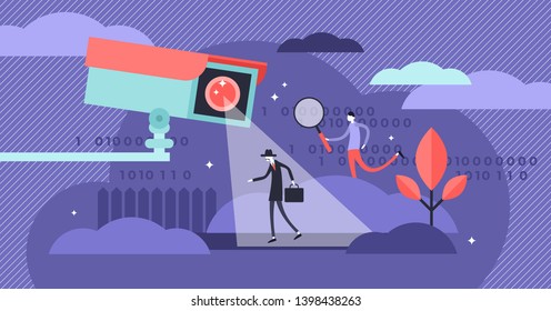 Surveillance vector illustration. Flat tiny security camera person concept. Safety equipment for protection control. Spy, guard and detective monitoring. Criminal and thief crime CCTV warning detector