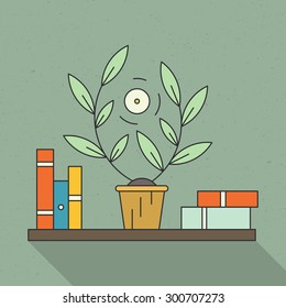 Surveillance vector illustration. Hidden camera with flowers and book shelf. Security and protection design element. 