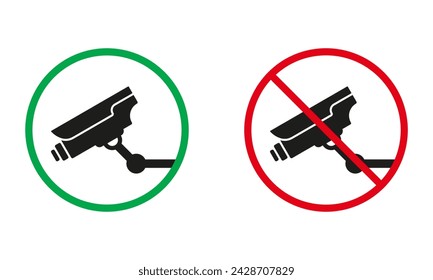 Surveillance Warning Signs. Security Silhouette Icons Set. Notice CCTV In Use. Security Camera Allowed, Alert Private Property Symbols. Isolated Vector Illustration.