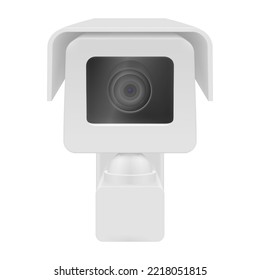 La cámara de vídeo digital blanca de vigilancia, vista frontal, ilustración vectorial realista. Dispositivo óptico de seguridad de observación sistema de información guardián de vigilancia segura con lente. tecnología CCTV
