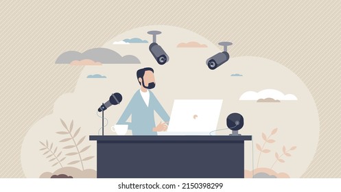 Surveillance At Work As CCTV Camera Workplace Monitoring Tiny Person Concept. Security System For Clerk Desk And Job Control With Microphone And Webcam Vector Illustration. Corporate Video Observation