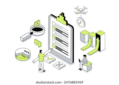 Survey 3d isometric concept in outline isometry design for web. People answering in questionnaire or quiz form, giving client feedback, choosing and marking in test checklist. Vector illustration.