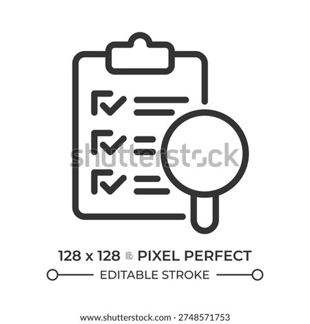 Survey analysis pixel perfect line icon. Data inspection, operational audit. Quality control, professional service. Isolated vector illustration. Outline symbol. Simple linear drawing. Editable stroke