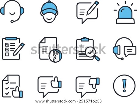 
Survey analysis research support icon collection. Service phone consultation and review writing icon. Modifiable line style icons