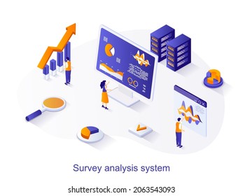 Survey analysis system isometric web concept. People analyze data from customer opinion questionnaires, research data, work with databases scene. Vector illustration for website template in 3d design