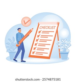 Survey and assessment concepts. A man uses a large pencil to tick items off a list of questions. Online Survey concept. Flat vector illustration.