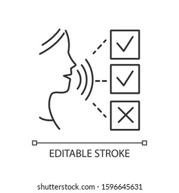 Survey audio response linear icon. Social research. Testimonial. Oral survey. Customer satisfaction. Feedback. Thin line illustration. Contour symbol. Vector isolated outline drawing. Editable stroke