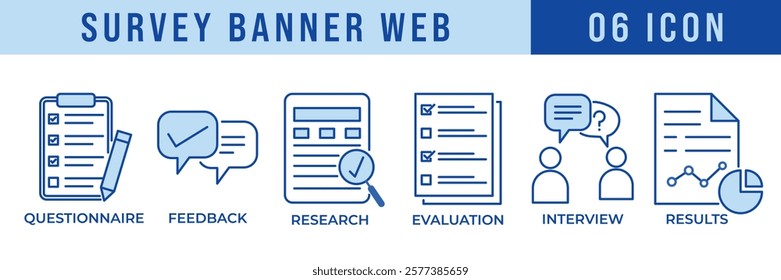 Survey banner web design featuring questionnaire, feedback, research, evaluation, interview, and results icons. Perfect for surveys, market research, feedback analysis, and data-driven projects.