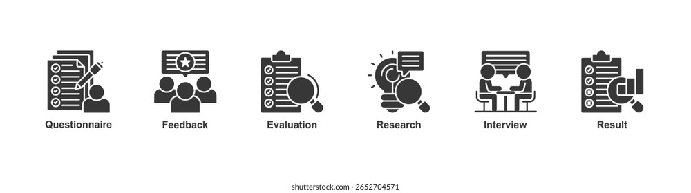 Encuesta Anuncio Conjunto de iconos de Web Concepto de Ilustración vectorial para el cuestionario de satisfacción del Cliente Comentarios con ícono de evaluación, investigación, entrevista y resultado