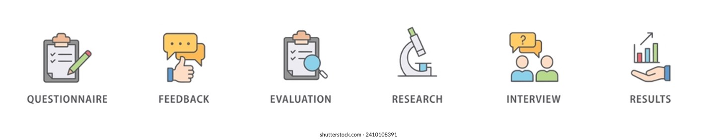 Survey banner web icon vector illustration concept for customer satisfaction questionnaire feedback with icon of evaluation, research, interview and result