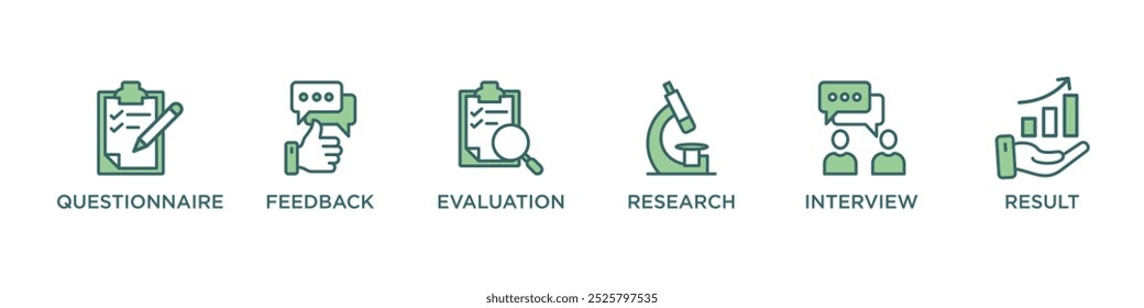 Banner da pesquisa ícone da web vetor conceito de ilustração para satisfação do cliente comentário do questionário com ícone de avaliação, pesquisa, entrevista e resultado