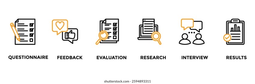 Survey banner web icon vector illustration concept for customer satisfaction questionnaire feedback with icon of evaluation, research, interview and result