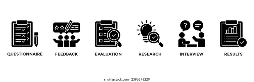 Survey banner web icon vector illustration concept for customer satisfaction questionnaire feedback with icon of evaluation, research, interview and results . Solid style vector illustration