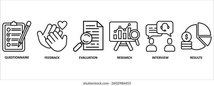 Survey banner web icon vector illustration concept for customer satisfaction questionnaire feedback with icon of evaluation, research, interview and result
