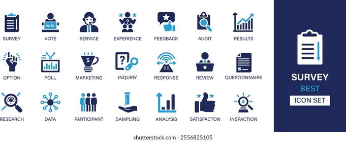 Survey best solid icon set collection. Option, participant, feedback, experience, audit, results, vote, poll, marketing, response, review, satisfaction and vector illustration.