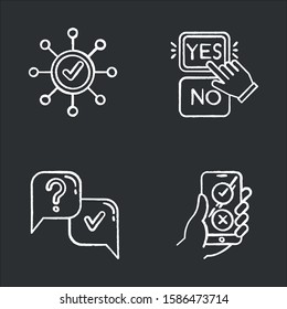 Survey chalk icons set. Correct answer, approve option. Spread structure. Yes and no button click. Question and answer. FAQ sign. Online feedback. Isolated vector chalkboard illustrations