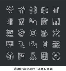 Survey chalk icons set. Question and answer. Social poll. Group survey. Interview. Positive, negative feedback. Choose multiple options. Statistics analysis. Isolated vector chalkboard illustrations