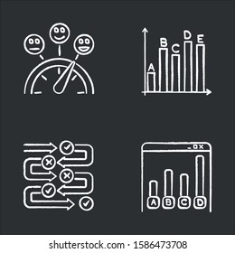 Survey chalk icons set. Satisfaction level. Evaluation scale. Assessment meter. Statistics analysis. Questioning process. Correct and wrong. Online data. Isolated vector chalkboard illustrations