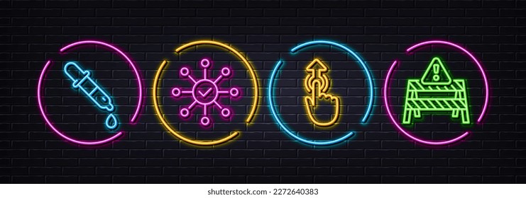Survey check, Chemistry pipette and Swipe up minimal line icons. Neon laser 3d lights. Warning road icons. For web, application, printing. Correct answer, Laboratory, Touch technology. Vector