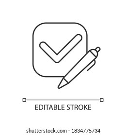 Icono de comprobación lineal de la encuesta. Marque la casilla de verificación. Elija una opción en el cuestionario. Encuesta. Ilustración personalizable de línea delgada. Símbolo de contorno. Dibujo de contorno aislado del vector. Trazo editable