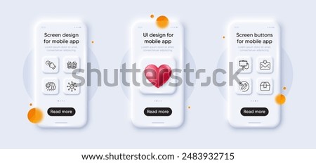 Survey check, Package box and Selfie stick line icons pack. 3d phone mockups with heart. Glass smartphone screen. Rotation gesture, Recovery tool, Employees teamwork web icon. Vector