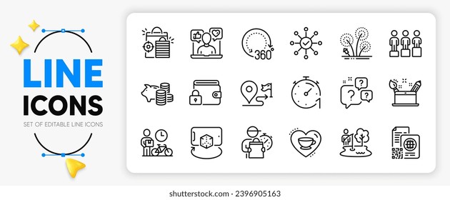 Umfrage-Check, Frageblasen und Piggy Bank-Linie-Symbole für App enthalten Kreativitätskonzept, 360 Grad, Social Media Umrisse dünne Icons. Lieferant, Bike-Kurier, Piktogramm-Symbol sperren. Vektorgrafik