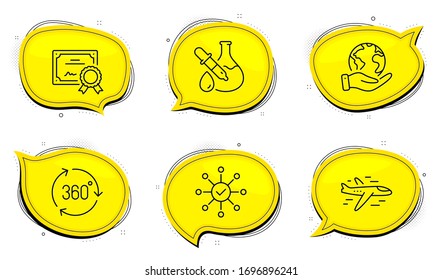 Survey check sign. Diploma certificate, save planet chat bubbles. 360 degree, Chemistry experiment and Airplane line icons set. Virtual reality, Laboratory flask, Plane. Correct answer. Vector