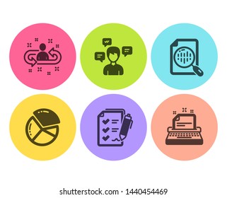 Survey checklist, Conversation messages and Pie chart icons simple set. Analytics chart, Recruitment and Typewriter signs. Report, Communication. Education set. Flat survey checklist icon. Vector