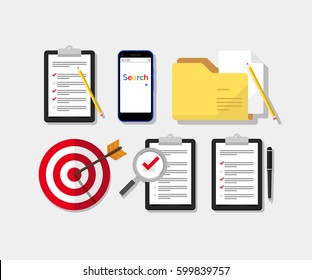 Survey, checklist and folder flat design icon set. Abstract target illustration. Search browser template illustration