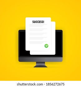 Survey checklist form or complete task list on computer illustration. Successful result. Questionnaire report on screen, approved test or exam results. Vector on isolated white background. EPS 10