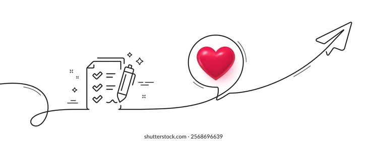 Survey Checklist line icon. Continuous line with share plane. Report sign. Business review symbol. 3d heart in speech bubble. Survey checklist single line ribbon. Loop curve pattern. Vector