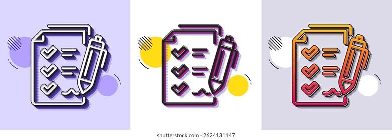 ícone da linha Lista de verificação da pesquisa. Padrão pontilhado de meio-tom. Ícone de gradiente com sombra de grão. Assinatura de relatório. Símbolo de revisão comercial. Ícone de lista de verificação de pesquisa de linha. Vários desenhos. Vetor