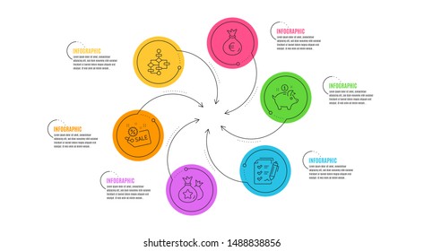 Survey checklist, Money bag and Saving money line icons set. Infographic timeline. Sale, Block diagram and Loyalty points signs. Report, Euro currency, Piggy bank. Shopping tag. Finance set. Vector