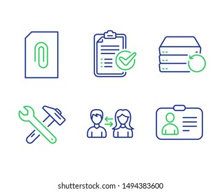 Survey checklist, People communication and Recovery server line icons set. Attachment, Spanner tool and Id card signs. Report, People talking, Backup data. Attach document. Business set. Vector