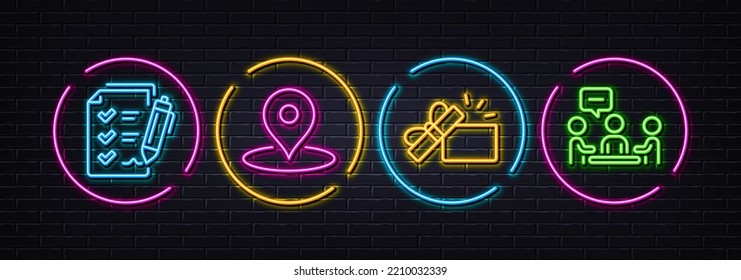 Survey checklist, Pin and Opened gift minimal line icons. Neon laser 3d lights. People chatting icons. For web, application, printing. Report, Map point, Present box. Conference. Vector