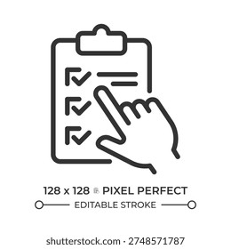 Survey checklist pixel perfect line icon. Task management, todo list. Checked boxes. Performance analysis. Isolated vector illustration. Outline symbol. Simple linear drawing. Editable stroke