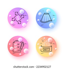 Survey checklist, Skin cream and Payment exchange minimal line icons. 3d spheres or balls buttons. Skirt icons. For web, application, printing. Report, Medical cosmetic, Money transfer. Vector